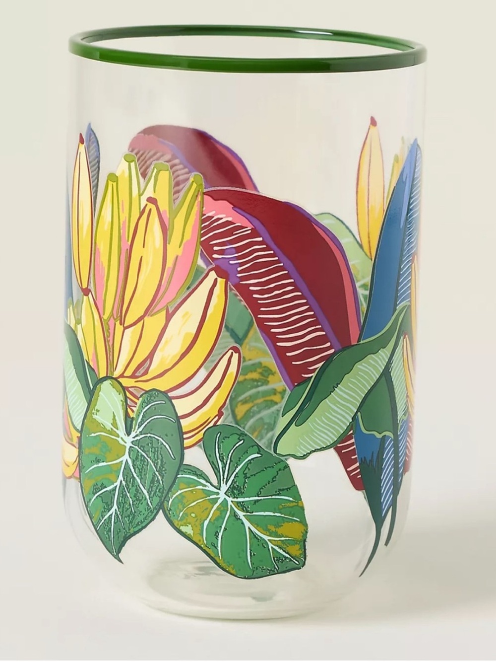 Farm Rio x Anthropologie Juice Glass Banana Tropical Print Green Rim